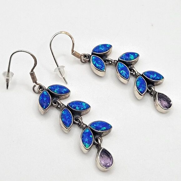 Artisan Jewelry - Artisan Sterling Silver Opal Amethyst Leaf Cluster Dangle Drop Earrings 2.5in